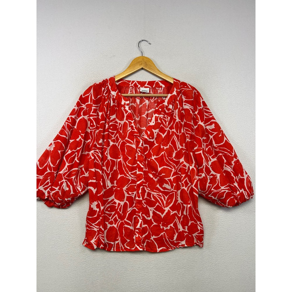 Boho Cottagecore Sonoma Womens XL Red White Floral Balloon Sleeve Peasant Blouse